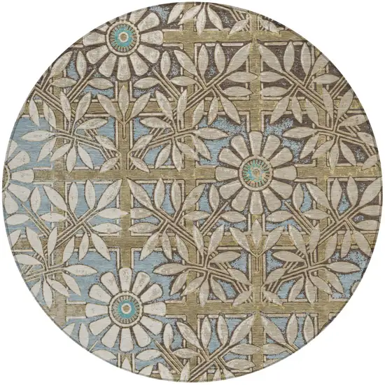 8' Khaki And Brown Round Floral Washable Indoor Outdoor Area Rug Photo 2
