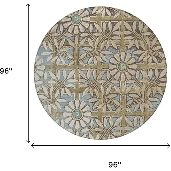 8' Khaki And Brown Round Floral Washable Indoor Outdoor Area Rug Photo 5
