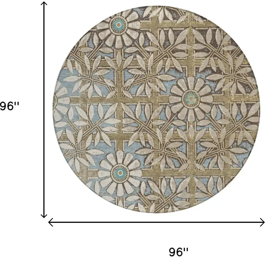 8' Khaki And Brown Round Floral Washable Indoor Outdoor Area Rug Photo 5
