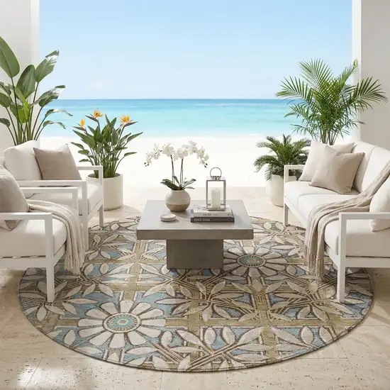 8' Khaki And Brown Round Floral Washable Indoor Outdoor Area Rug Photo 1