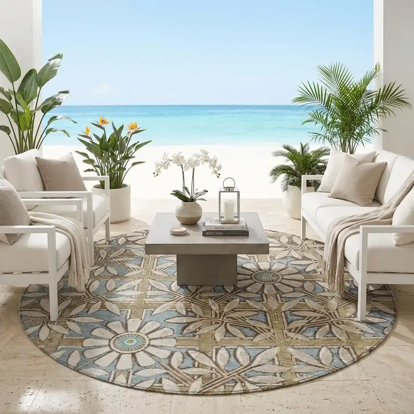 8' Khaki And Brown Round Floral Washable Indoor Outdoor Area Rug Photo 1