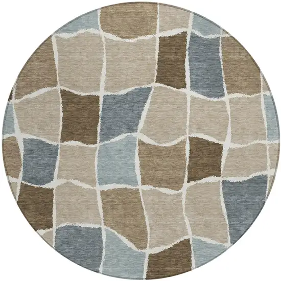 8' Khaki And Brown Round Geometric Washable Indoor Outdoor Area Rug Photo 2