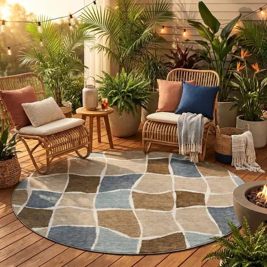 8' Khaki And Brown Round Geometric Washable Indoor Outdoor Area Rug Photo 1