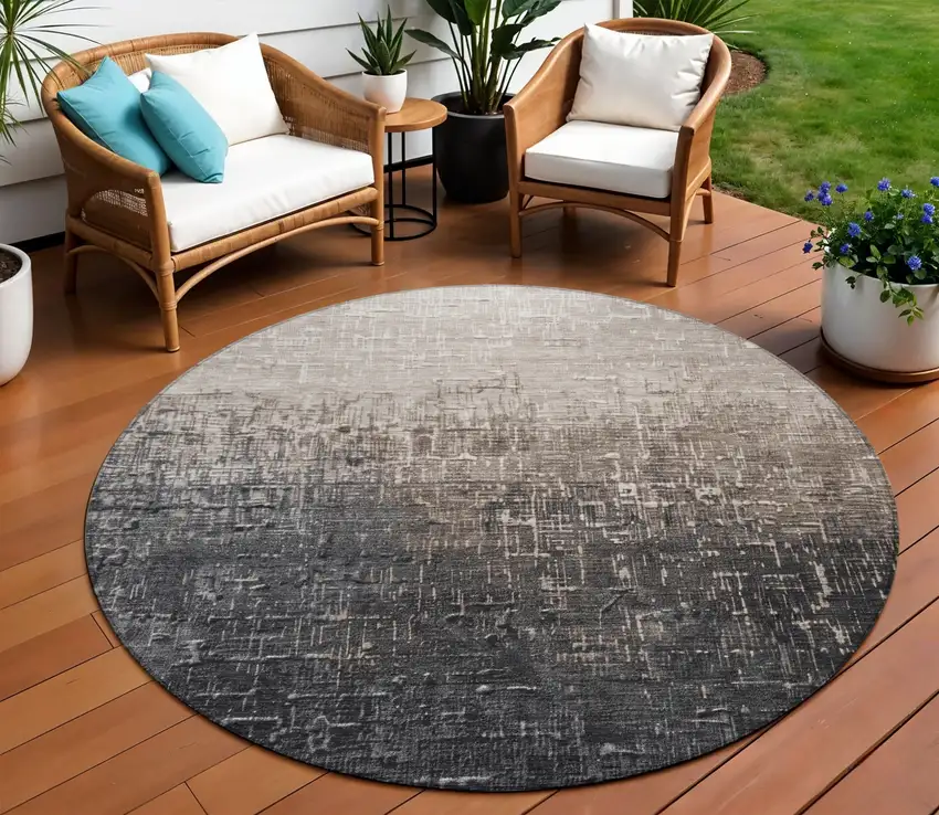 8' Khaki And Dark Gray Round Ombre Washable Indoor Outdoor Area Rug Photo 1