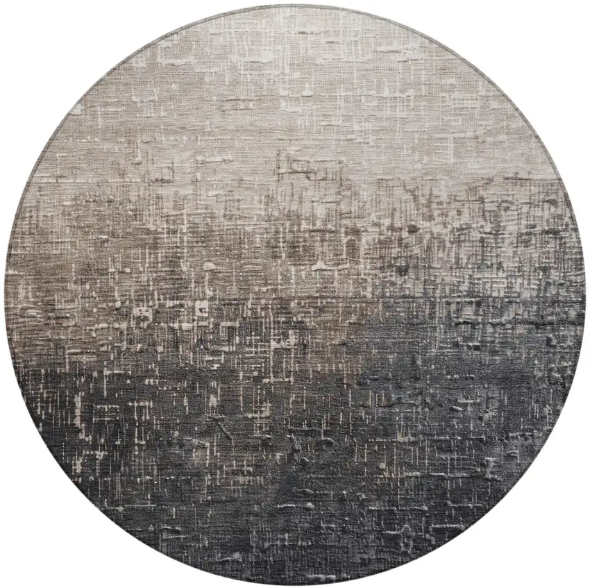 8' Khaki And Dark Gray Round Ombre Washable Indoor Outdoor Area Rug Photo 6