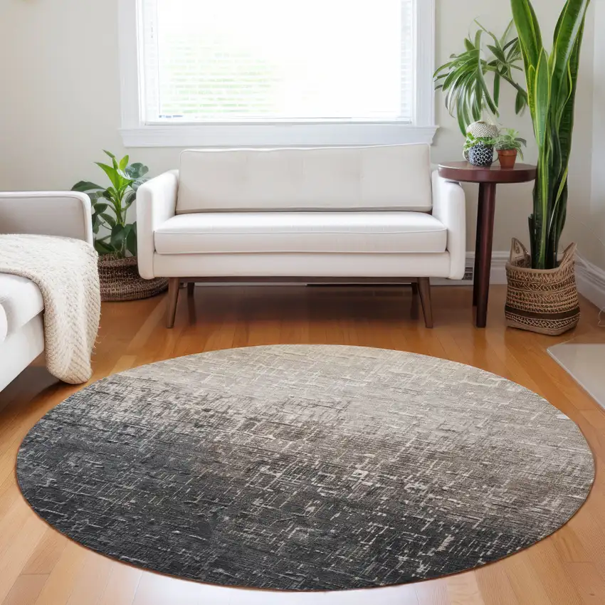8' Khaki And Dark Gray Round Ombre Washable Indoor Outdoor Area Rug Photo 8