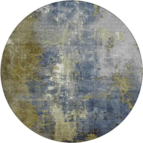 8' Khaki And Denim Blue Round Abstract Washable Indoor Outdoor Area Rug Photo 1