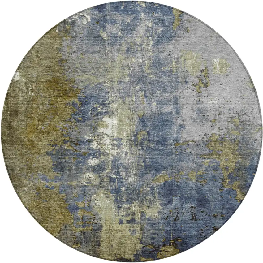 8' Khaki And Denim Blue Round Abstract Washable Indoor Outdoor Area Rug Photo 1