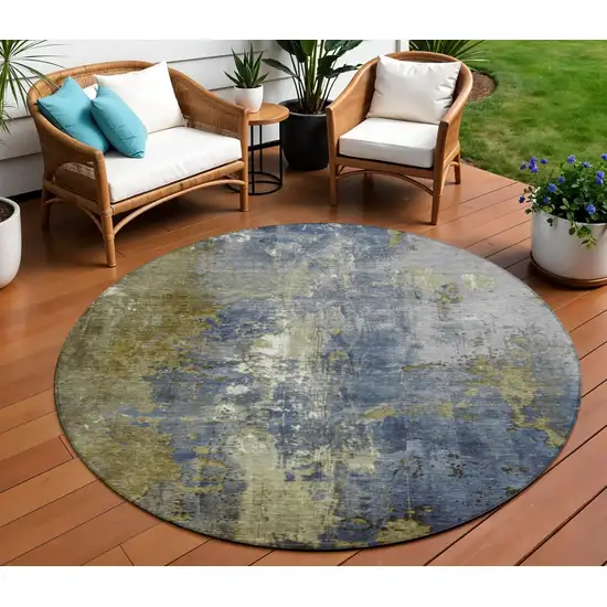 8' Khaki And Denim Blue Round Abstract Washable Indoor Outdoor Area Rug Photo 2