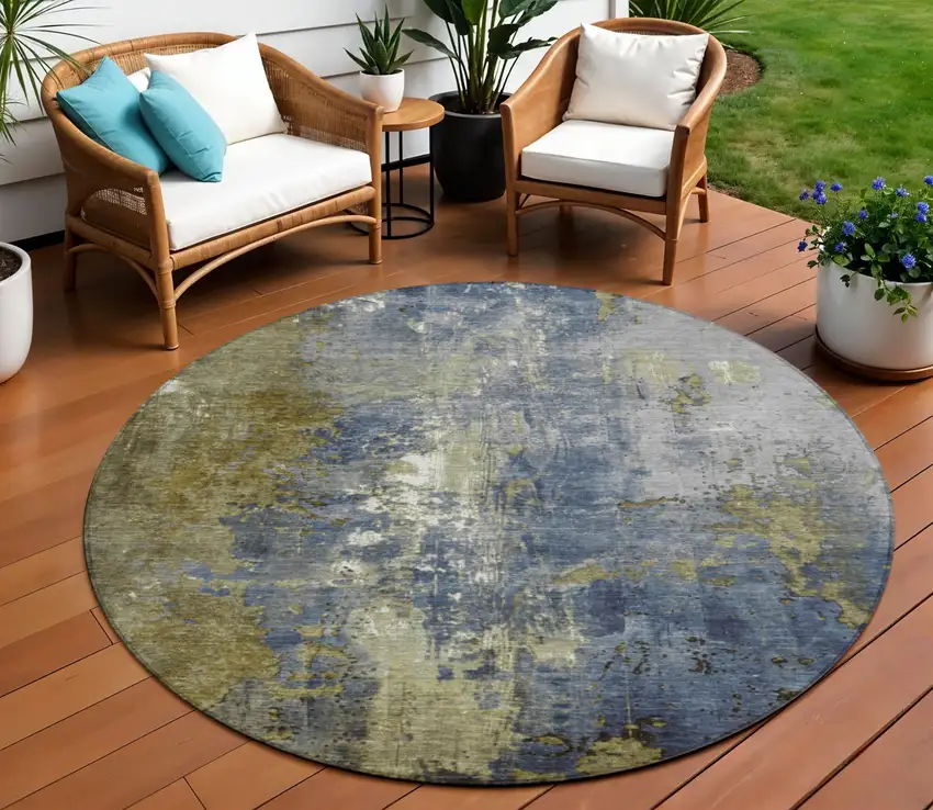 8' Khaki And Denim Blue Round Abstract Washable Indoor Outdoor Area Rug Photo 2