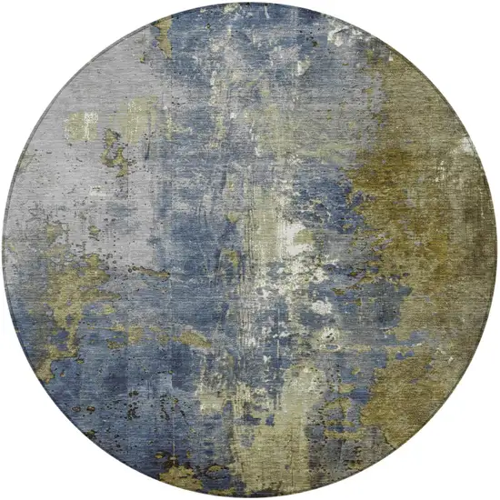 8' Khaki And Denim Blue Round Abstract Washable Indoor Outdoor Area Rug Photo 4