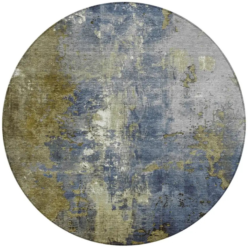 8' Khaki And Denim Blue Round Abstract Washable Indoor Outdoor Area Rug Photo 3
