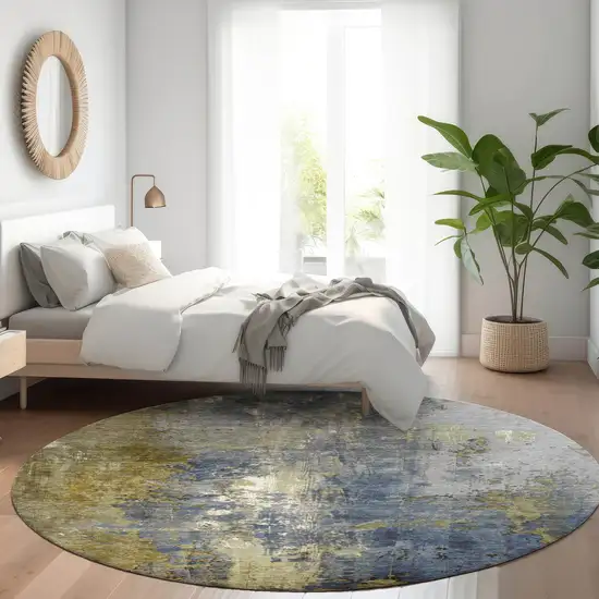 8' Khaki And Denim Blue Round Abstract Washable Indoor Outdoor Area Rug Photo 6