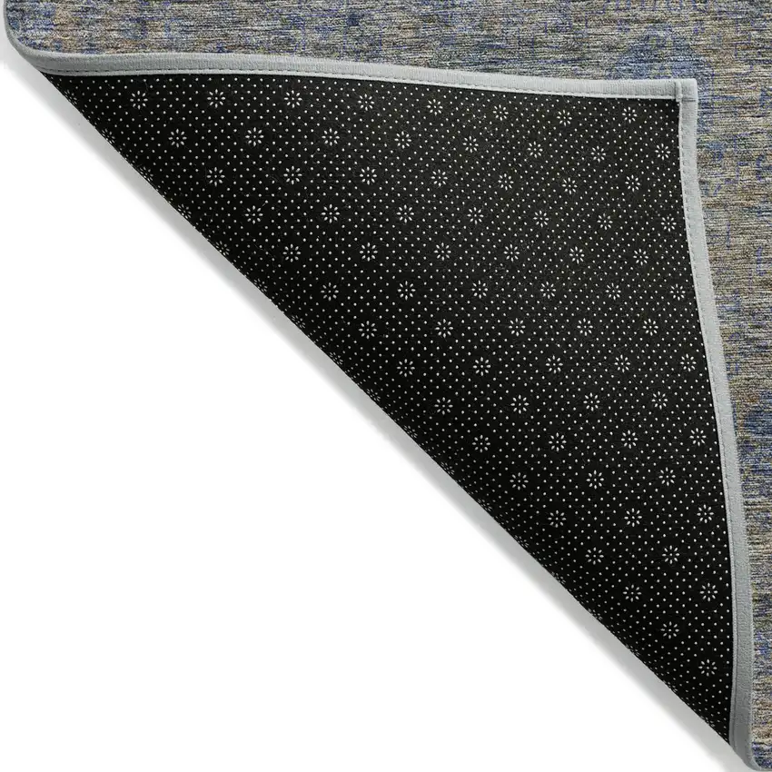 8' Khaki And Denim Blue Round Oriental Washable Indoor Outdoor Area Rug Photo 2