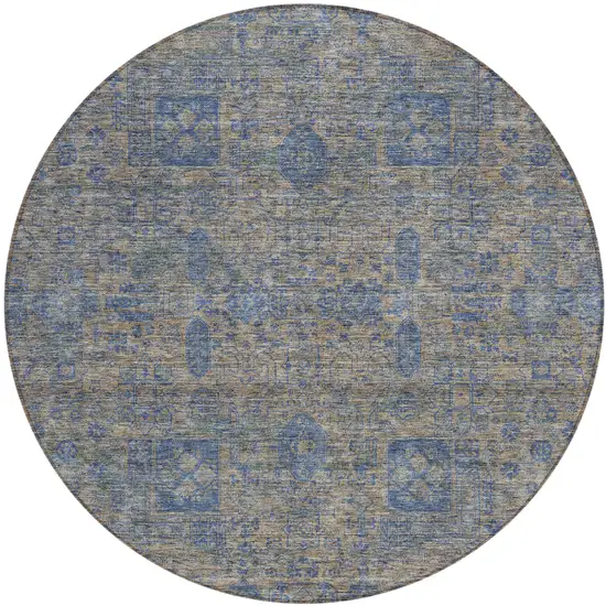 8' Khaki And Denim Blue Round Oriental Washable Indoor Outdoor Area Rug Photo 1