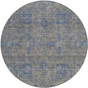 Photo of 8' Khaki And Denim Blue Round Oriental Washable Indoor Outdoor Area Rug