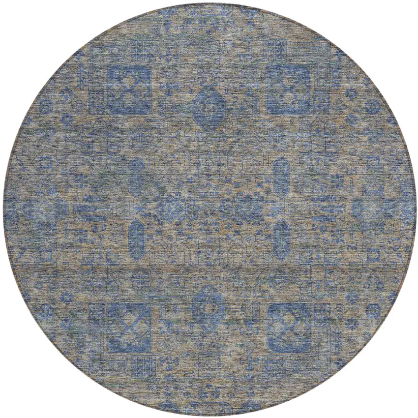 8' Khaki And Denim Blue Round Oriental Washable Indoor Outdoor Area Rug Photo 1