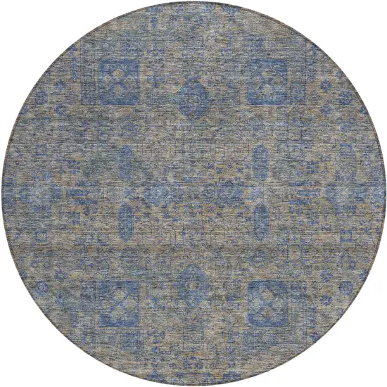 8' Khaki And Denim Blue Round Oriental Washable Indoor Outdoor Area Rug Photo 1