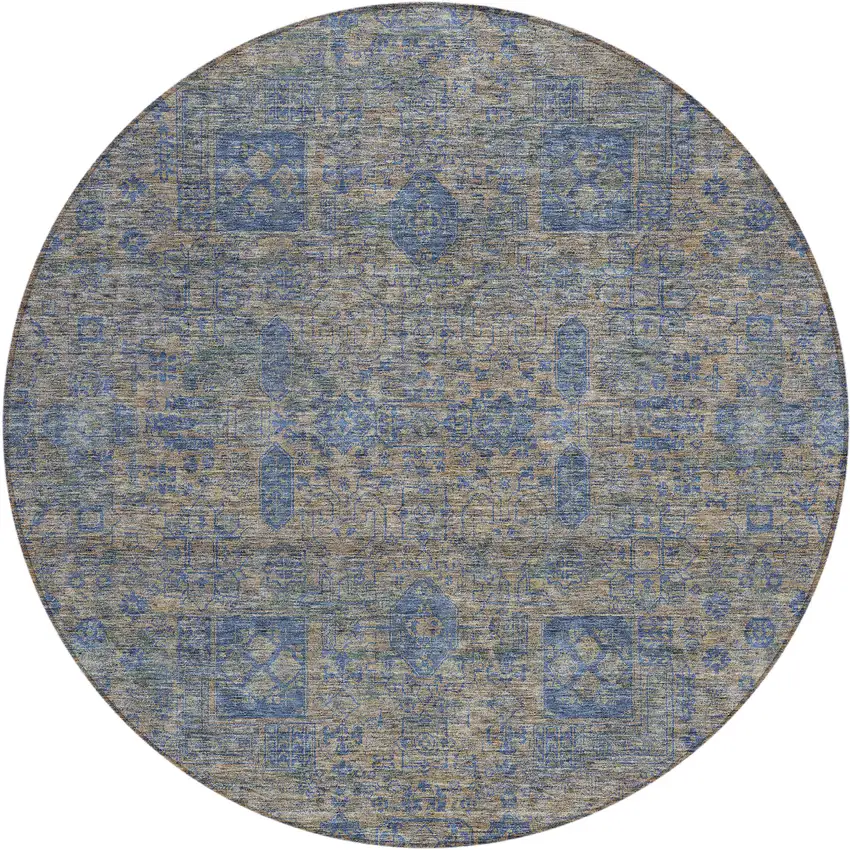 8' Khaki And Denim Blue Round Oriental Washable Indoor Outdoor Area Rug Photo 1