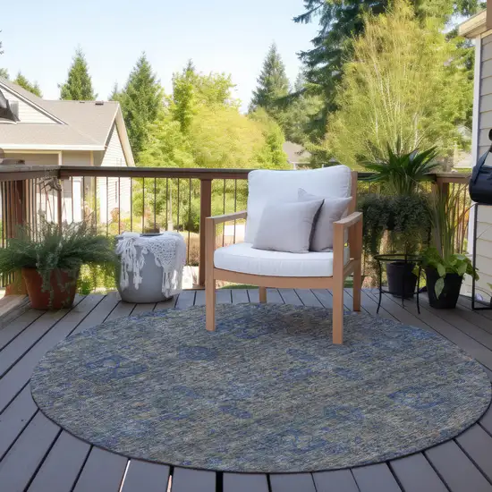 8' Khaki And Denim Blue Round Oriental Washable Indoor Outdoor Area Rug Photo 6