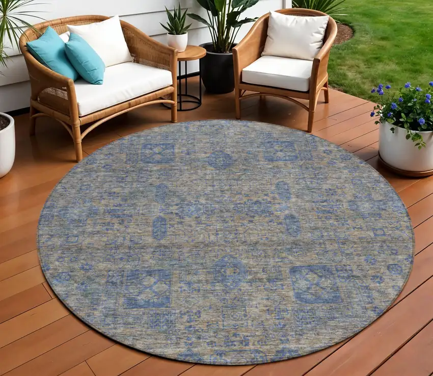 8' Khaki And Denim Blue Round Oriental Washable Indoor Outdoor Area Rug Photo 1