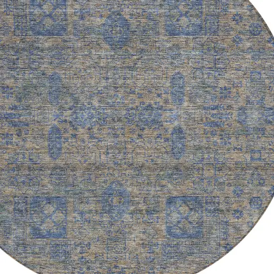 8' Khaki And Denim Blue Round Oriental Washable Indoor Outdoor Area Rug Photo 4