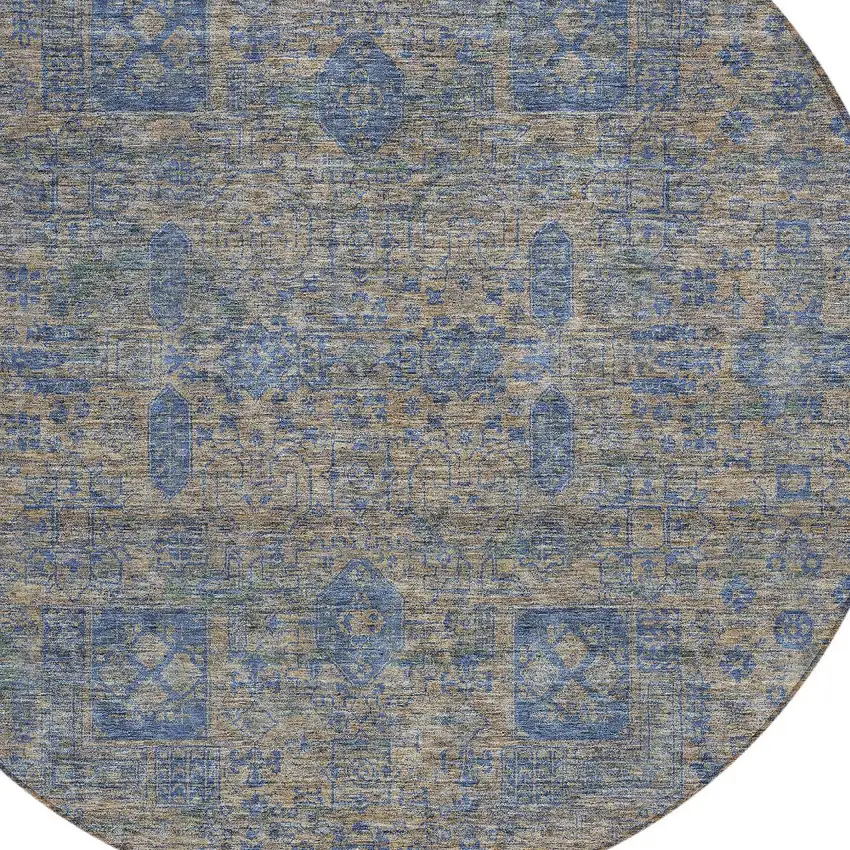 8' Khaki And Denim Blue Round Oriental Washable Indoor Outdoor Area Rug Photo 4