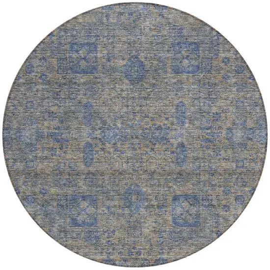 8' Khaki And Denim Blue Round Oriental Washable Indoor Outdoor Area Rug Photo 5
