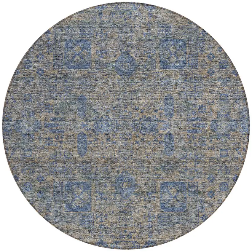 8' Khaki And Denim Blue Round Oriental Washable Indoor Outdoor Area Rug Photo 5