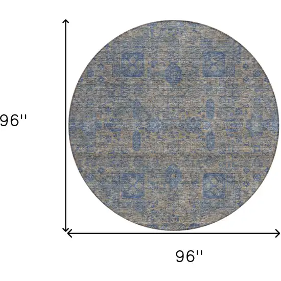 8' Khaki And Denim Blue Round Oriental Washable Indoor Outdoor Area Rug Photo 9