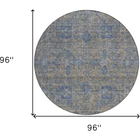 8' Khaki And Denim Blue Round Oriental Washable Indoor Outdoor Area Rug Photo 9