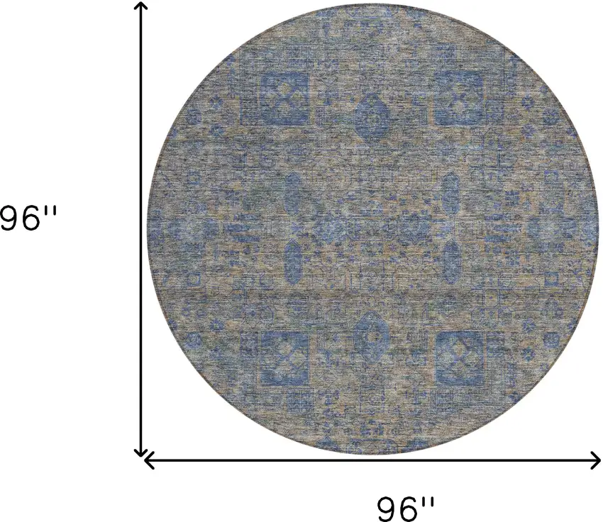 8' Khaki And Denim Blue Round Oriental Washable Indoor Outdoor Area Rug Photo 9