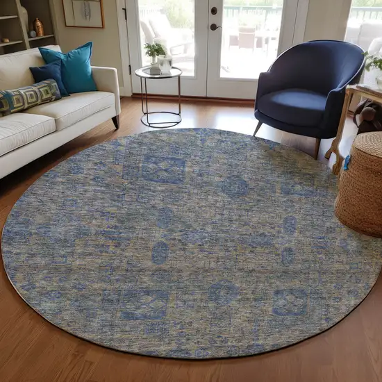 8' Khaki And Denim Blue Round Oriental Washable Indoor Outdoor Area Rug Photo 7