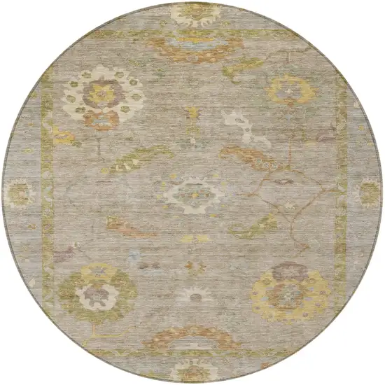 8' Khaki And Gold Round Floral Medallion Washable Indoor Outdoor Area Rug Photo 4