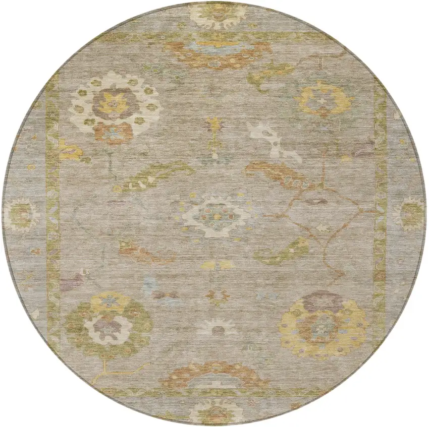8' Khaki And Gold Round Floral Medallion Washable Indoor Outdoor Area Rug Photo 4