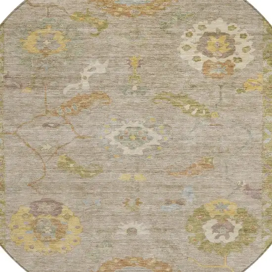8' Khaki And Gold Round Floral Medallion Washable Indoor Outdoor Area Rug Photo 6