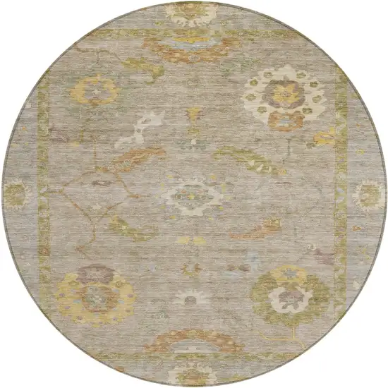 8' Khaki And Gold Round Floral Medallion Washable Indoor Outdoor Area Rug Photo 2