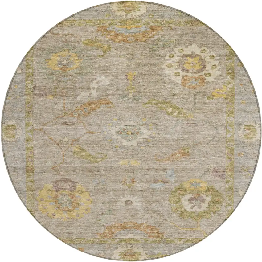 8' Khaki And Gold Round Floral Medallion Washable Indoor Outdoor Area Rug Photo 2