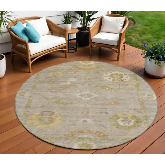 8' Khaki And Gold Round Floral Medallion Washable Indoor Outdoor Area Rug Photo 1