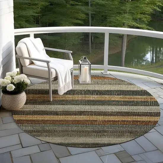 8' Khaki And Gold Round Striped Washable Indoor Outdoor Area Rug Photo 6