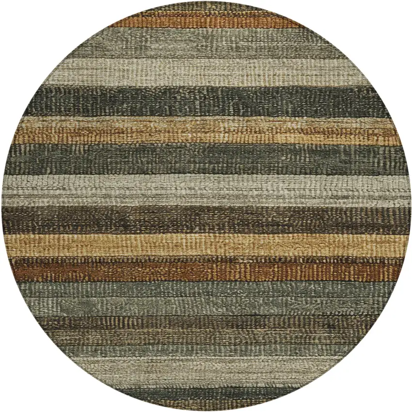 8' Khaki And Gold Round Striped Washable Indoor Outdoor Area Rug Photo 1