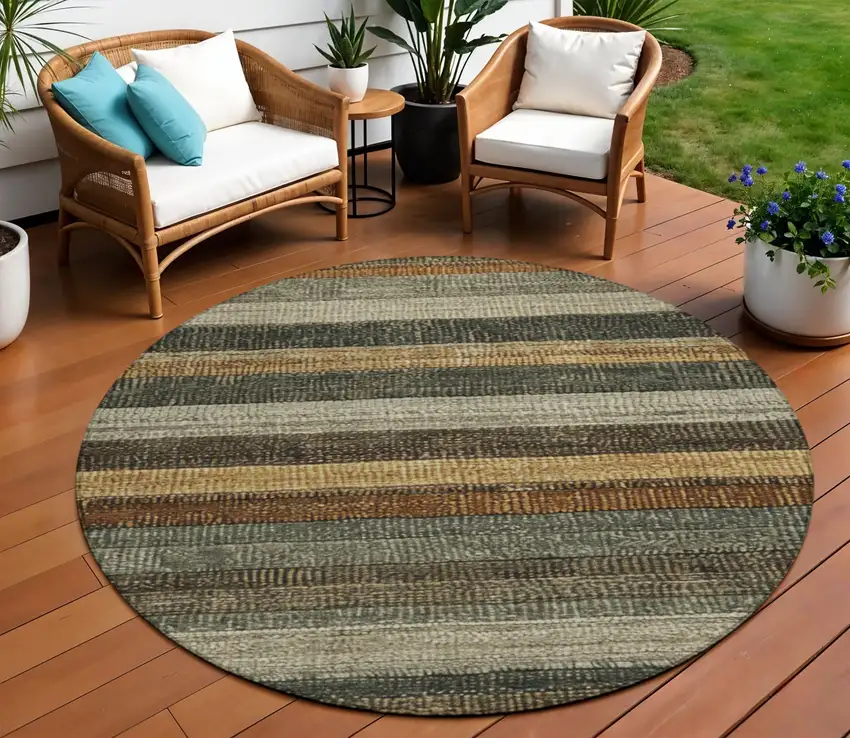 8' Khaki And Gold Round Striped Washable Indoor Outdoor Area Rug Photo 2
