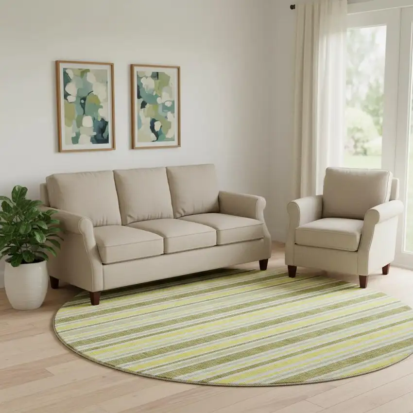 8' Khaki And Gold Striped Washable Round Rug With UV Protection Photo 1