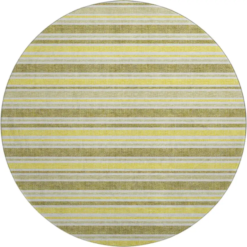 8' Khaki And Gold Striped Washable Round Rug With UV Protection Photo 1