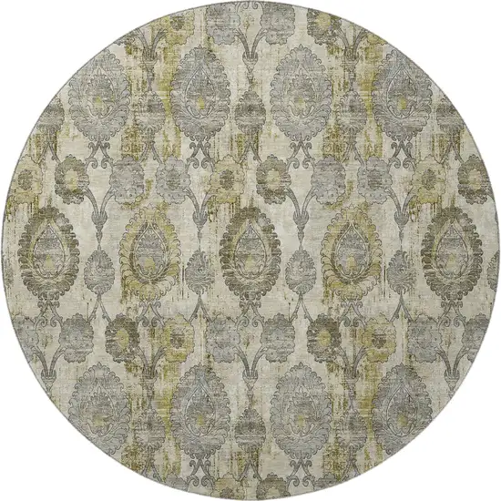8' Khaki And Gray Damask Washable Round Rug With UV Protection Photo 4