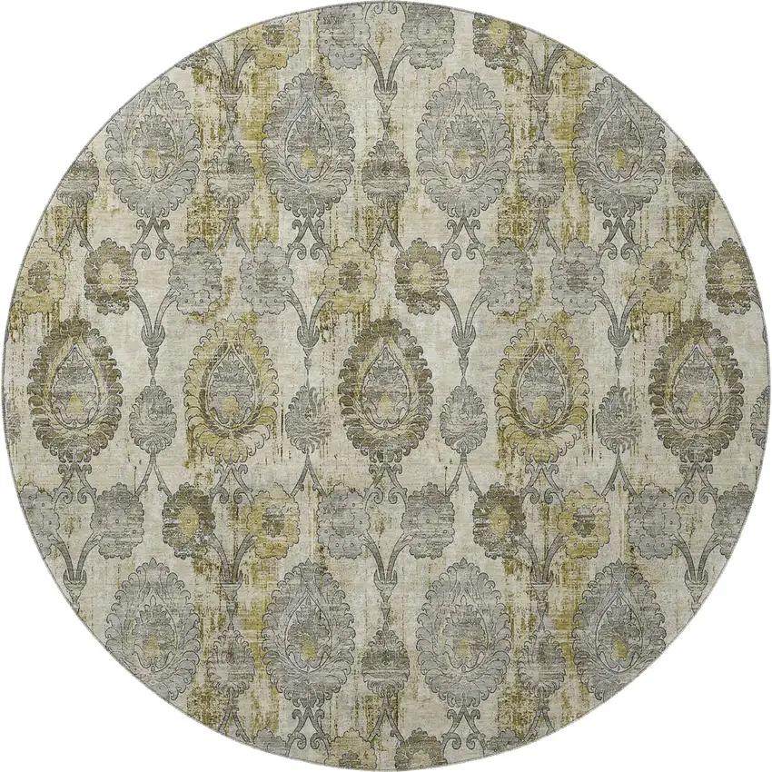 8' Khaki And Gray Damask Washable Round Rug With UV Protection Photo 4