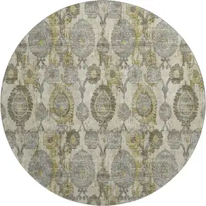 Photo of 8' Khaki And Gray Damask Washable Round Rug With UV Protection