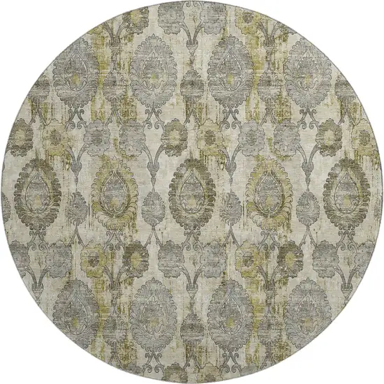8' Khaki And Gray Damask Washable Round Rug With UV Protection Photo 1