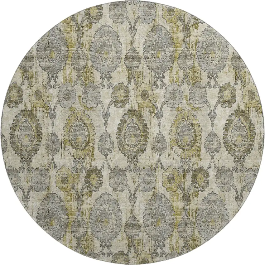 8' Khaki And Gray Damask Washable Round Rug With UV Protection Photo 1