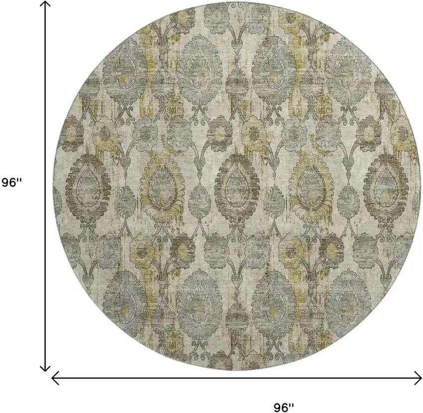 8' Khaki And Gray Damask Washable Round Rug With UV Protection Photo 3